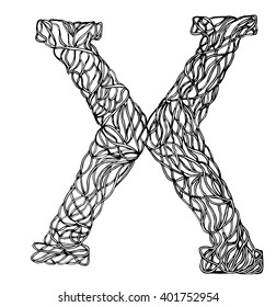 Herbarium font, type. Herbal vector letters. Letter X. Can be used as adult coloring book, coloring page.