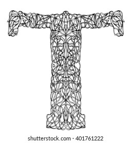 Herbarium font, type. Herbal vector letters. Letter T. Can be used as adult coloring book, coloring page.