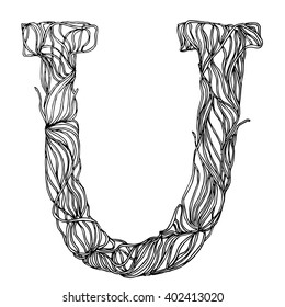 Herbarium font, type. Herbal vector letters. Letter U. Can be used as adult coloring book, coloring page.
