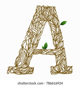 Herbarium font, type. Herbal vector letters with leaves. Letter A. Can be used as adult coloring book, coloring page.