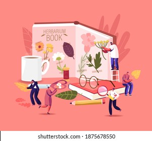 Herbarium Hobby Concept. Tiny Characters Collecting Dried Herbs, Grass and Twigs, Natural Field Plants, People Put Floral Decorative Natural Elements in Huge Album or Book. Cartoon Vector Illustration