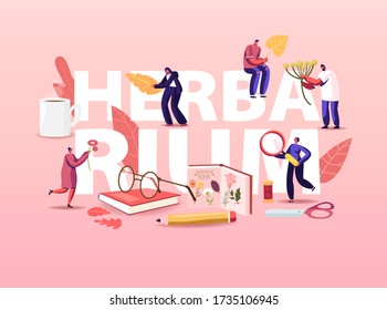 Herbarium Hobby Concept. Tiny People Characters Collecting Dried Herbs, Grass and Twigs, Natural Field Plants, Floral Decorative Natural Elements. Poster Banner Flyer Cartoon Vector Illustration