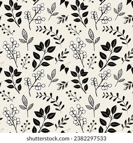 Herbarium monochrome floral pattern. Seamless background with leaves and branches. Hand drawn botanical wallpaper