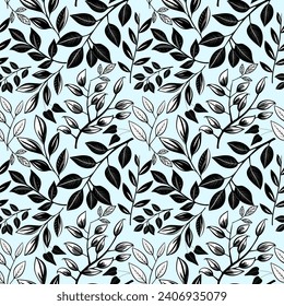 Herbarium monochrome floral pattern. Seamless background with leaves and branches. Hand drawn botanical wallpaper