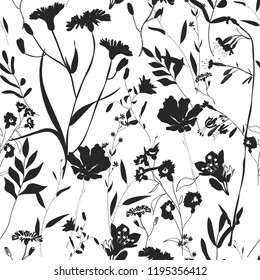 Herbarium monochrome seamless pattern with wild flowers, branches, leaves. Botanical background on white. Many kind of plants scattered random. Dark gray hand drawn elements. Design, fashion, prints