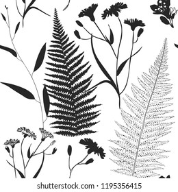 Herbarium monochrome seamless pattern with wild flowers, branches, leaves. Botanical background on white. Many kind of plants scattered random. Dark gray hand drawn elements. Design, fashion, prints