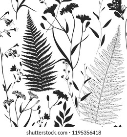 Herbarium monochrome seamless pattern with wild flowers, branches, leaves. Botanical background on white. Many kind of plants scattered random. Dark gray hand drawn elements. Design, fashion, prints