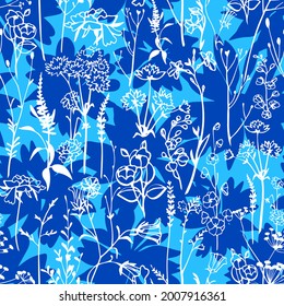 Herbarium rustic style seamless pattern. Meadow herbs and plants.