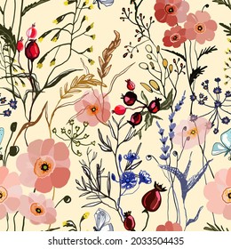 Herbarium seamless pattern with drawn wild flowers, branches, leaves. Botanical background on yellow. Many kind of plants scattered random. Herbarium exotic texture print illustration. Vector