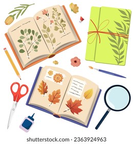 Conjunto de herbarios. Libros con flores con iconos planos. Afiche de humor de caída, pegatina, postal, vectorial de plantilla de volante