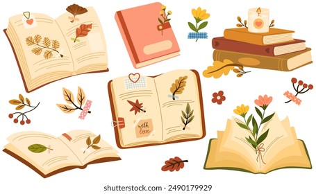 Herbario. Otoño acogedor. libro con flores y hojas engastadas. Póster de sentimiento de otoño, pegatina, postal, Vector de Plantilla de volante