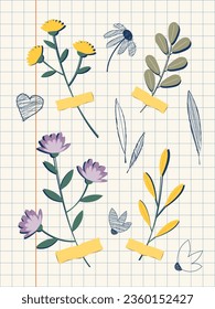 Ilustración vectorial de herbario en estilo plano. Las flores secas están pegadas al papel de cuaderno a cuadros.