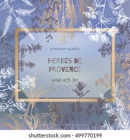 Herbes de Provence template on blurred background with botanical hand drawn sketches. Culinary herbs collection. Great for cooking, medical, gardening design.