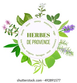 Herbes de Provence traditional spice mix. Round emblem with type design for cosmetics, restaurant, store, market, natural health care products. Can be used as logo design, price tag, label, web