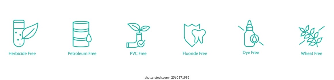 Herbicide, Petroleum, PVC, Fluoride, Dye, and Wheat Free Vector Icons