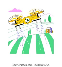 Herbizide einzeln auf Cartoon, Vektorgrafiken. Drohne mit Spritzer tötet unerwünschte Pflanzen mit Herbiziden, der Agrarindustrie, dem Bereich der landwirtschaftlichen Rohstoffe, dem Einsatz von Pestiziden, Vektorgrafik.