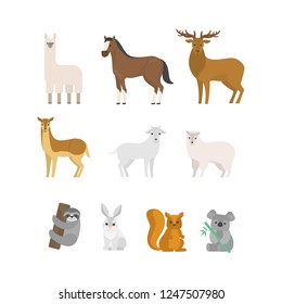 Herbivore animal set. Collection of mammal from forest. Deer and squirrel, horse and sheep. Isolated flat vector illustration