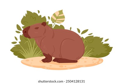 Herbivore capybara. Cartoon wild mammal in natural habitat, cute semi-aquatic animal flat vector illustration. Resting capybara