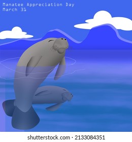 the herbivore known as the sea cow is swimming happily with the cloudy sky, Manatee Appreciation Day March 31