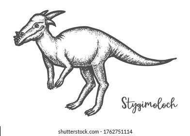 Herbivore pachycephalosaurus dinosaur sketch or Stygimoloch drawing. Engraved jurassic dino or ancient cretaceous reptile. Ancient herbivorous animal etching. Extinct fauna sketching. Paleontology