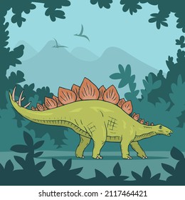 Herbivore stegosaurus on the background of an ancient forest. An extinct lizard from the Jurassic period. Vector colorful art illustration