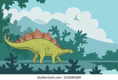 Herbivore stegosaurus on the background of an ancient forest. A strong dinosaur with spikes on its tail. Extinct lizard from the Jurassic period. Vector colorful art illustration