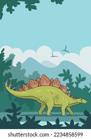 Herbivore stegosaurus on the background ancient forest. A strong dinosaur with spikes on its tail. Extinct lizard Jurassic period. Cartoon vector colorful art illustration. Hand drawn outline