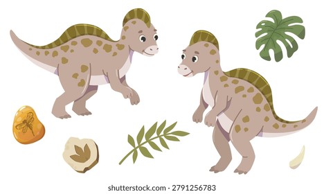 Herbivorous dinosaur with a crest on its head. Corythosaurus character in two poses. Prehistoric animal