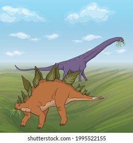 Herbivorous dinosaurs eat grass. Dinosaurs in the field. Vector graphics