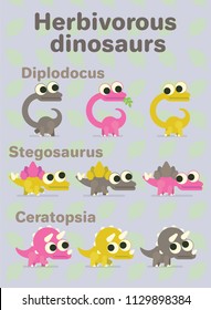 Herbivorous dinosaurs. Variants of coloring of funny dinos with big eyes. Diplodocus, ceratopsia, stegosaurus. Vector illustration of prehistoric characters in flat cartoon style on neutral background