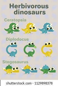 Herbivorous dinosaurs. Vector illustration of prehistoric characters in flat cartoon style on neutral background. Diplodocus, ceratopsia, stegosaurus. Variants of coloring of funny dinos with big eyes