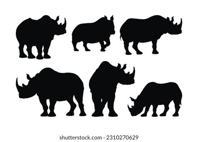 Herbivorous rhino standing silhouette on a white background. Wild peaceful rhino standing in different positions. Rhino full body silhouette collection. Dangerous rhinoceros silhouette bundle design.