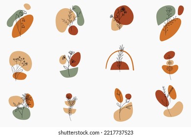 Herbs and abstract geometric shapes in boho style. Clipart design elements in a bohemian style. Modern wall decor. Hand drawn floral decorations for prints and social networks.