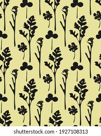 Herbs botanical seamless pattern, black silhouettes of meadow grass. Transparent background. Vector illustration