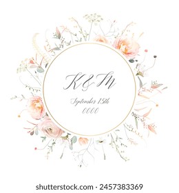 Marco de Vector de hierbas, ramas y flores de rosas. Ramas pintadas a mano, hojas sobre fondo blanco. Invitación minimalista simple de la boda de la verdor. Tarjeta del estilo de la acuarela. Los Elementos son aislados y editables