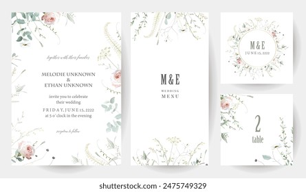 Herbs, branches and rose flowers vector frames. Hand painted branches, leaves on white background. Greenery wedding simple minimalist invitations. Watercolor cards. Elements are isolated and editable