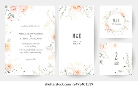 Marcos de Vector de hierbas, ramas y flores de rosas. Ramas pintadas a mano, hojas sobre fondo blanco. Invitaciones minimalistas simples de la boda del verdor. Tarjetas de acuarela. Los Elementos son aislados y editables