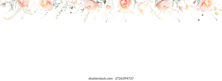 Herbs, branches and rose flowers vector frame. Hand painted branches, leaves on white background. Greenery wedding simple minimalist invitation.Watercolor style card.Elements are isolated and editable