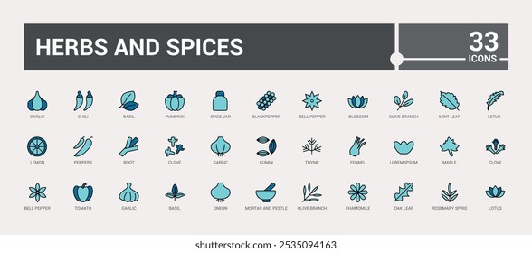 Herbs colorido conjunto de ícones de linha. Inclui linha fina natural, medicina, tradicional, tempero, tratamento, condimento e muito mais. Traçado editável. Ilustração vetorial. Os nomes dos ícones são escritos em inglês.