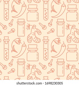 Herbs and Condiment icons pattern. Spices for cooking seamless background. Seamless pattern vector illustration