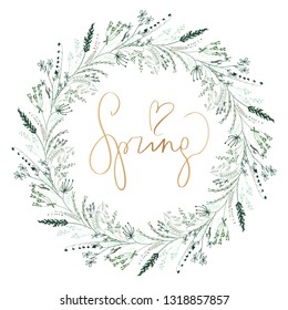 herbs doodles circle frame with spring lettering vector isolated for romantic or season design