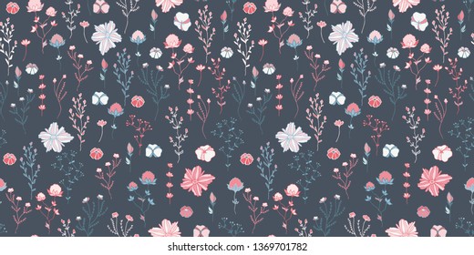 Herbs and flowers. Botanical drawings seamless pattern