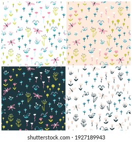 Herbs and flowers nursery seamless patterns set. Summer colorful doodle illustration in simple hand drawn scandinavian style. Vector sketch ideal for printing baby textiles, fabrics