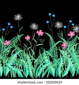 Hierbas y flores en negro. Fondo de patrón horizontal sin costura. Ilustración del vector