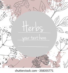 Herbs and flowers painted black line. Space for text. Vector drawing. Template with a sketch of herbs.