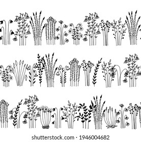 Hierbas y flores sin soldadura borde vectorial, patrón floral aislado en fondo blanco