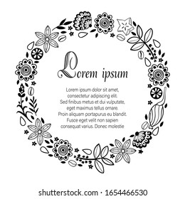 Herbs, flowers and spices doodle vector wreath solated on white background. Vintage cooking ingredient sketch.