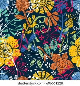 Herbs and flowers. Vintage flowers. Botanical seamless pattern.