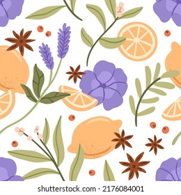 Herbs, fruits, flowers pattern. Seamless background design with herbal, floral plants, lemon, berries, leaves. Repeating print for homeopathy, phytotherapy wrapping. Colored flat vector illustration