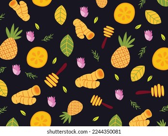 Herbs and Fruits Pattern Wallpaper Background Vector Illustration